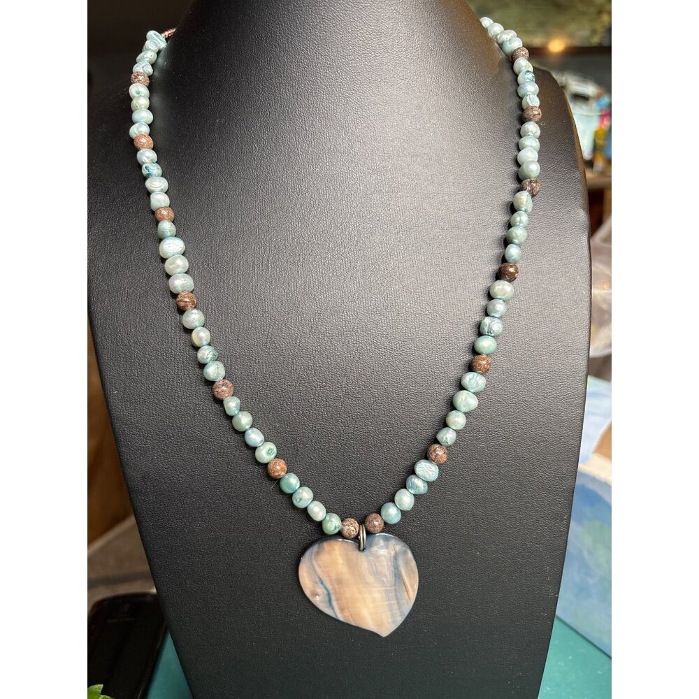 22" Light Blue and Brown Freshwater Pearl Necklace W/‎ MOP Heart Pendant